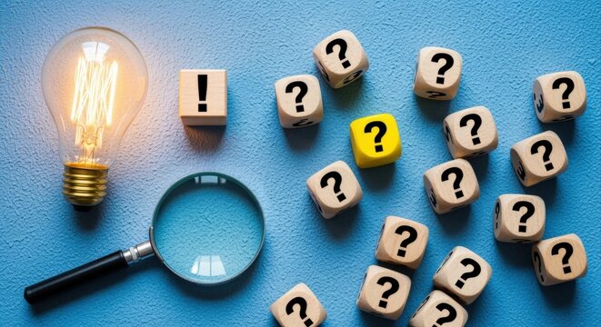 Illuminating Ideas: Lightbulb, Magnifying Glass, and Question Mark Dice Representing Problem Solving and Innovation