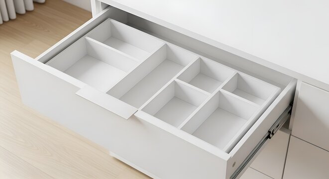 Open white drawer with dividers on wooden floor open drawer tiles