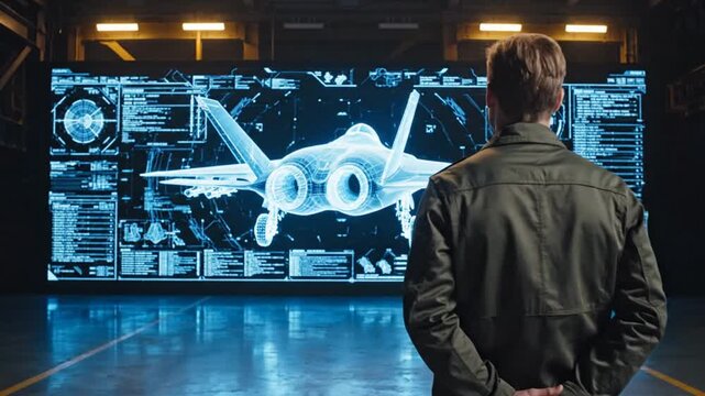 Man views detailed digital aircraft design on large screen in hangar