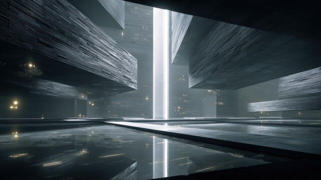 Futuristic abstract architectural design with dramatic light shaft and reflective surfaces