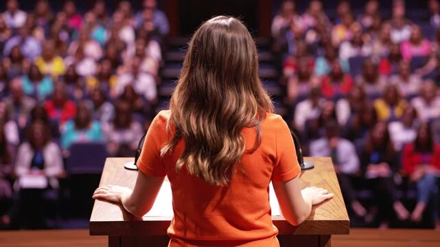 A woman stands confidently at a podium addressing a large audience indoors.