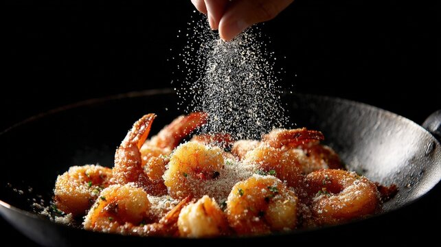 Close-up of chef sprinkling grated cheese over perfectly cooked shrimp in a skillet, adding finishing touch