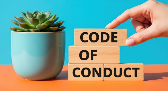 Human hand stacking wooden blocks spelling out 'Code of Conduct' next to a succulent plant on a vibrant background