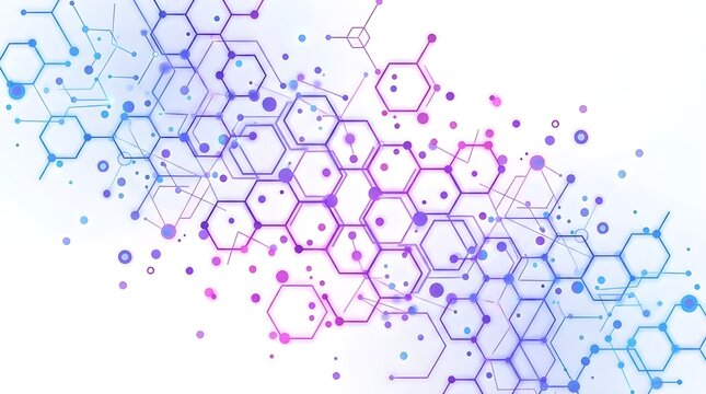 Abstract molecular structure, vibrant purple and blue hexagonal network, scientific data visualization, digital technology background