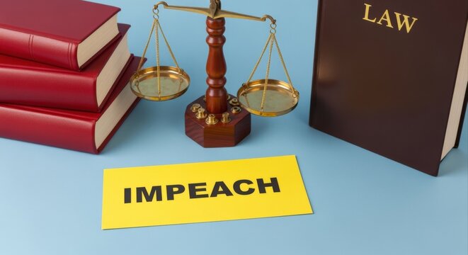 Justice Scales Balancing Impeach Text Against Law Books Symbolizing Legal Proceedings and Government Accountability