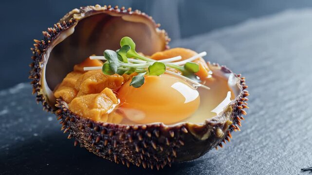 Gourmet Sea Urchin Dish With Egg Yolk and Sprouts Served in Shell
