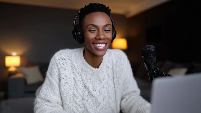Smiling woman recording podcast at home with microphone, headphones and laptop. podcast, woman, microphone, headphones, home studio, recording, online broadcast, content creator, audio, streaming, com