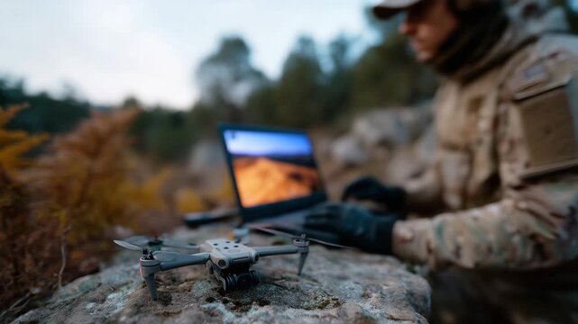 Military operator working on laptop in woodland setting with glowing digital map display. military, operator, laptop, forest, digital map, tactical, field technology, communication, defense, army, sur