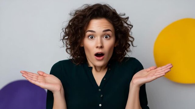 Surprised curly haired woman shrugging with open hands in studio portrait on colorful background. woman, surprised, shrugging, confused, emotion, facial expression, portrait, curly hair, studio, react