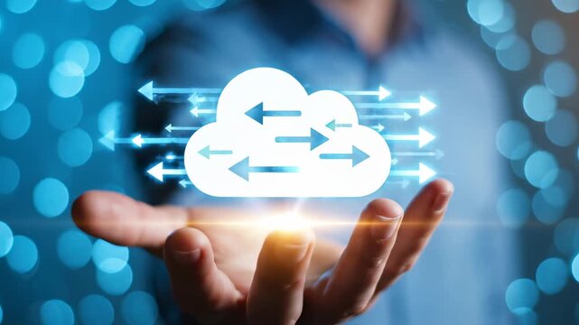 This shows a person holding a glowing cloud with arrows in their hand, surrounded by a blue background with bokeh lights, representing technology and data transfer.