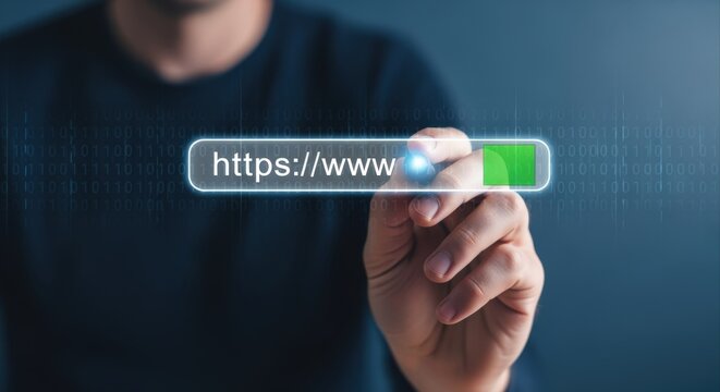 Person touching a digital search bar showing HTTPS URL for secure web browsing and online connectivity