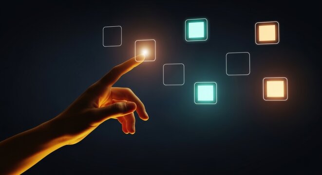 Close up of a human hand touching glowing digital squares on a dark futuristic interface, symbolizing technology and decision making