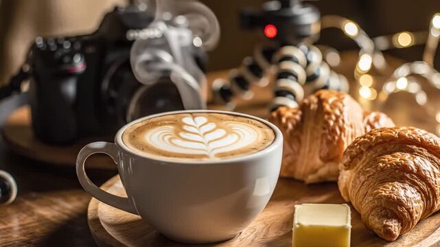 Steaming cup of latte art coffee on a wooden plate with fresh croissants and butter, featuring a DSLR camera and tripod in a warm background with blurred bokeh string lights.