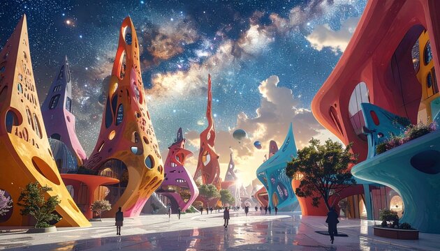 Futuristic Cityscape with Vibrant Architecture and People.
