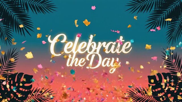 Colorful confetti falls around the text "Celebrate the Day" with tropical leaves framing the vibrant sunset background