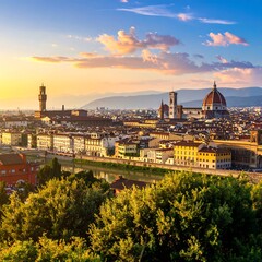 Obraz premium A serene cityscape at sunset with lush greenery in the foreground