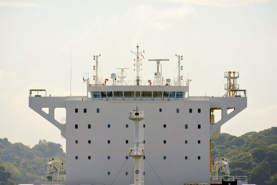 Front View Of The Navigational Bridge With Superstructure And Antennas Of A Modern Container Ship