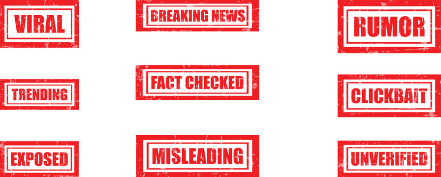 Social Media Stamp Collection &ndash; Viral, Trending, Breaking News, Clickbait, Misleading Grunge Stamp Vector