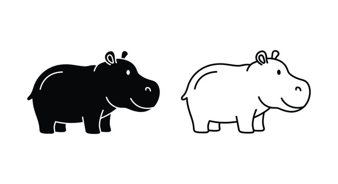Cute Black and White Hippo Illustration Design Vector