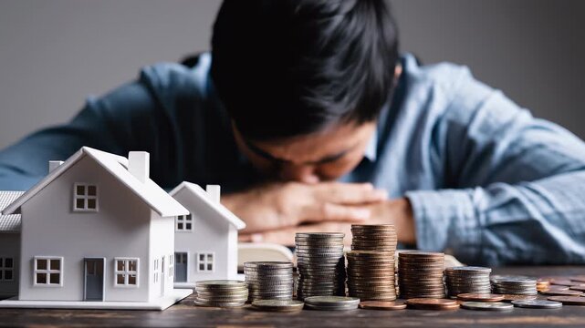Stressed male real estate investor sitting at desk with miniature houses and stacks of coins looking frustrated, concept for mortgage debt crisis, financial bankruptcy and property tax pressure