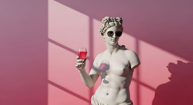Marble statue of a man with sunglasses holding a glass of red wine glass