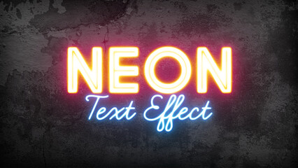 Premium customizable neon text effect for Adobe Photoshop. Features vibrant glowing letters with yellow and blue neon lights over a dark, textured concrete wall. Easily edit text via Smart Objects to  © Junitord24