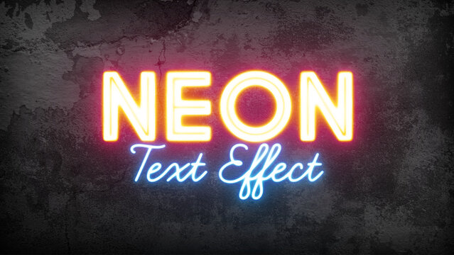 Premium customizable neon text effect for Adobe Photoshop. Features vibrant glowing letters with yellow and blue neon lights over a dark, textured concrete wall. Easily edit text via Smart Objects to 