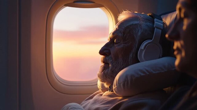 Man sleeps on plane with headphones on during sunset flight