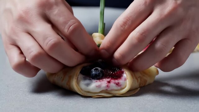 Close-Up of Hands Decorating a Delicious Crepe Filled With Cream and Berries With Green Onion