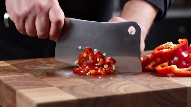Chef Chopping Red Bell Pepper on Wooden Cutting Board With Cleaver Knife