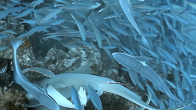 Beneath Fiji's clear waters, diver shares tender connection with magnificent nurse shark, its back decorated with remora. Shimmering school of fish beautifully orchestrates deep blue ballet.