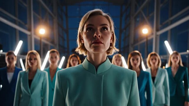 A determined woman in a teal suit stands confidently in front of a group of similarly dressed women in a futuristic industrial setting with bright lights.