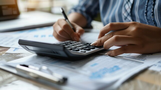 Person Calculating Finances with Calculator on Wooden Desk in Natural Light