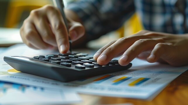Hands Typing on Calculator with Financial Documents on Wooden Desk