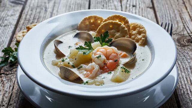 Delicious Seafood Chowder With Shrimp, Clams, Potatoes, and Crackers on Rustic Wooden Table