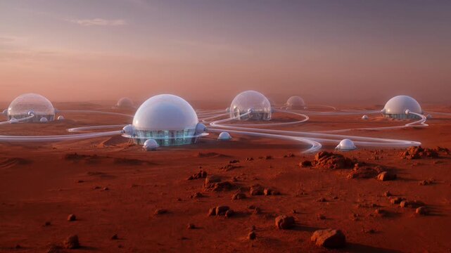Futuristic Mars colony with interconnected domed habitats and advanced transportation system on red rocky terrain under a dusky sky, showcasing human space settlement and technology