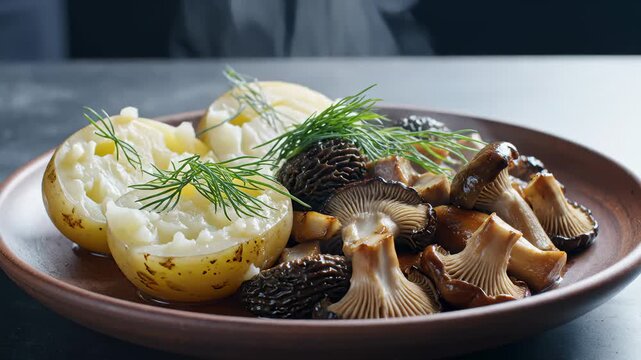 Steaming Plate of Boiled Potatoes and Assorted Wild Mushrooms Garnished With Fresh Dill