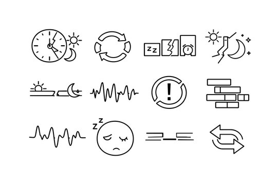 Broken Sleep Cycle. Line icon set of Broken Sleep Cycle: disrupted circadian clock, broken loop arrows, sleep phase blocks, night day mismatch, split timeline,
