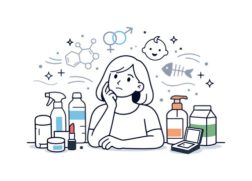 Hormone disruptor exposure. Person surrounded by everyday products like bottles, cosmetics, and packaging, pausing in thoughtful awareness. Scene suggests