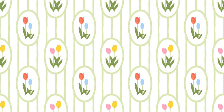 Vintage tulip flower bouquet art seamless pattern illustration. Retro nature floral background in hand drawn style. Spring season garden decoration texture, natural textile drawing print.