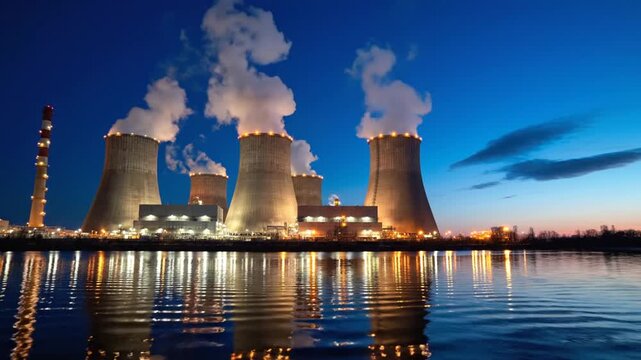 Industrial nuclear power plant at dusk with four large hyperbolic cooling towers emitting steam plumes, reflecting in a river. Electricity generation facility at blue hour.