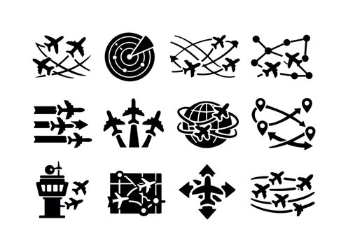 Air Traffic. Solid icon set of Air Traffic: multiple airplanes, flight paths crossing, busy airspace, navigation routes, radar style paths, coordinated