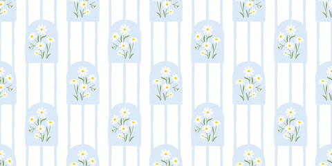 Plakat Vintage daisy flower bouquet art seamless pattern illustration. Retro nature floral background in hand drawn style. Spring season garden decoration texture, natural textile drawing print.
