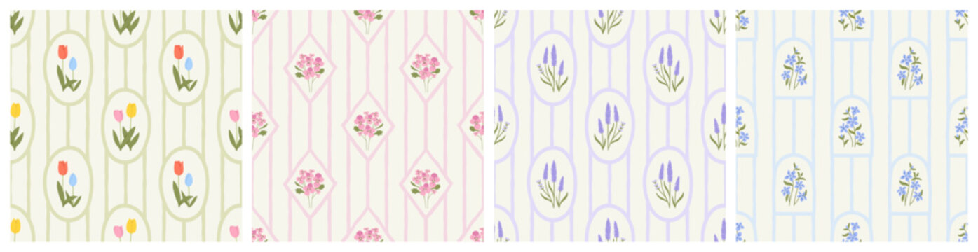 Vintage flower bouquet art seamless pattern illustration set. Retro nature floral background in hand drawn style. Spring season garden decoration texture collection, natural textile drawing print bund