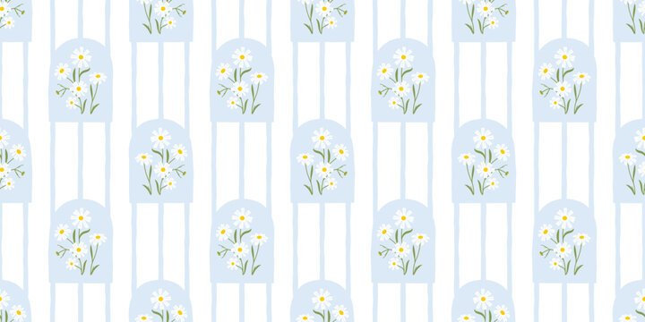 Vintage daisy flower bouquet art seamless pattern illustration. Retro nature floral background in hand drawn style. Spring season garden decoration texture, natural textile drawing print.