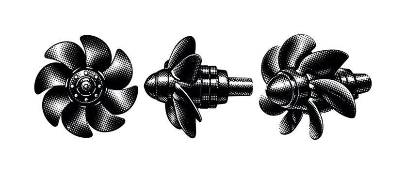 Submarine propeller assembly A realistic submarine propeller assembly shown as a single object in three views: rear axial view, side profile view, and angled
