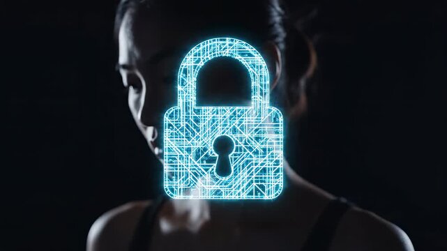 This content depicts a futuristic representation of face id and recognition technologies with a glowing blue circuit lock over a man's facial features in a dark background, illustrating advanced