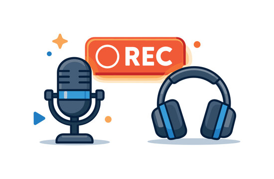 Podcast recording setup expressed by a recording button glowing beside a microphone and headphones, highlighting readiness to go live and creative momentum.