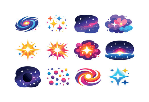 DeepSpace. Colorful flat vector icons set of DeepSpace: distant galaxies, star clusters, cosmic background, space clouds, glowing stars, light flares, nebula