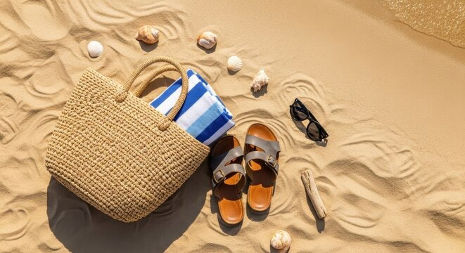 Acess&oacute;rios de ver&atilde;o na praia: bolsa de palha, toalha, sand&aacute;lias e &oacute;culos na areia
